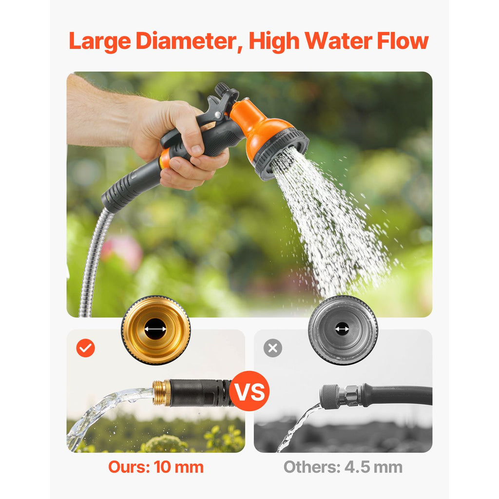 Heavy Duty Stainless Steel Metal Garden Hose with 10-Function Spray Nozzle