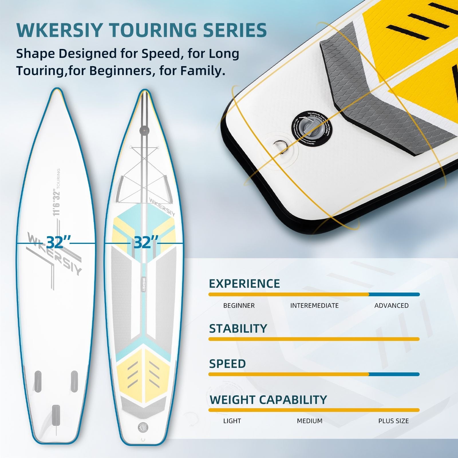 Wkersiy Touring Inflatable Paddle Board SUP – 11'6" / 12'6" with Paddle, Backpack, Pump & Leash