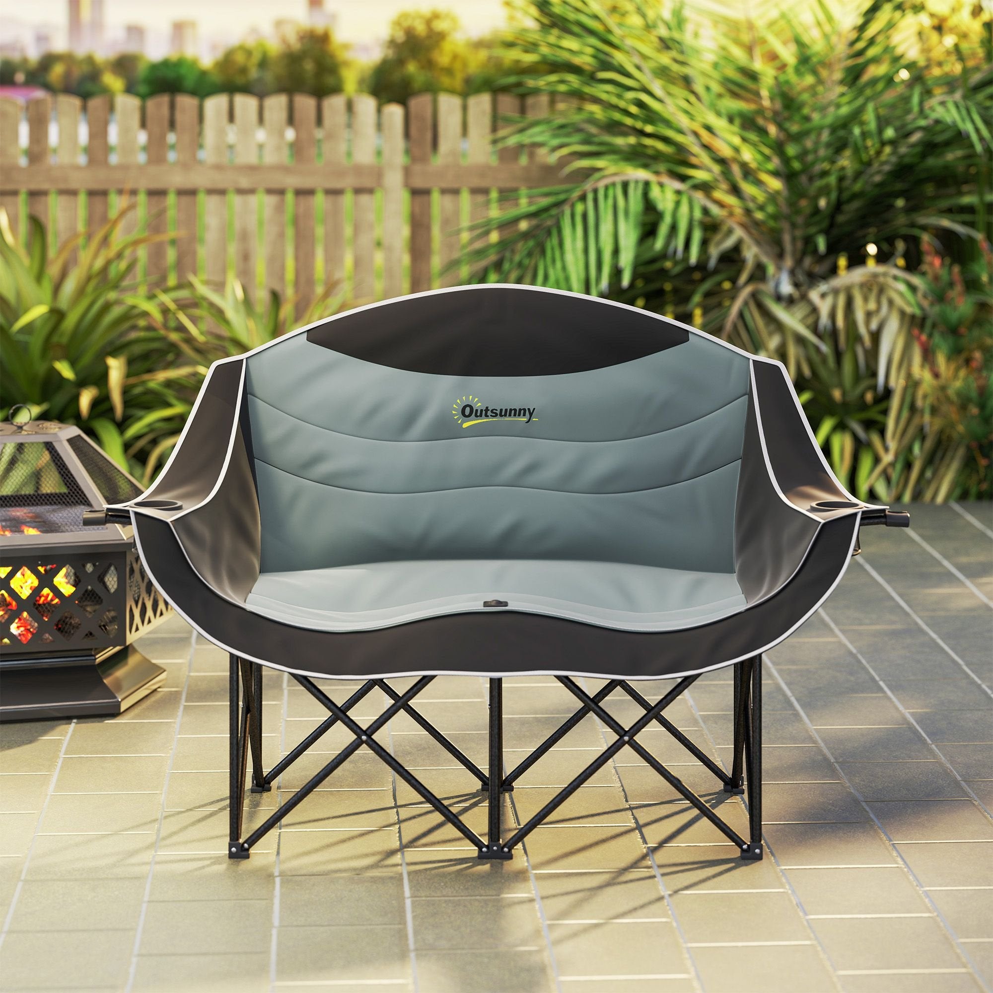 Padded Double Camping Chair - Folding with Armrests & Cup Holders