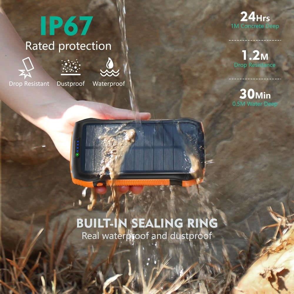 Portable Solar Charger: 33,500mAh, Fast Charging, Waterproof, 6W Flashlight for iPhone, Samsung, Tablet