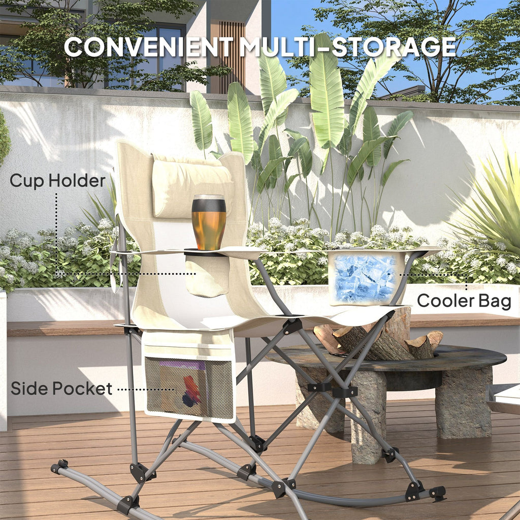 Folding Rocking Camping Chairs - Portable with Headrest, Cooler & Cup Holder