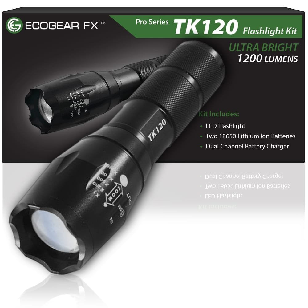 TK120 Professional LED Flashlight Kit – 900 Lumen Rechargeable Tactical Flashlight with Zoom Focus, Batteries & Charger