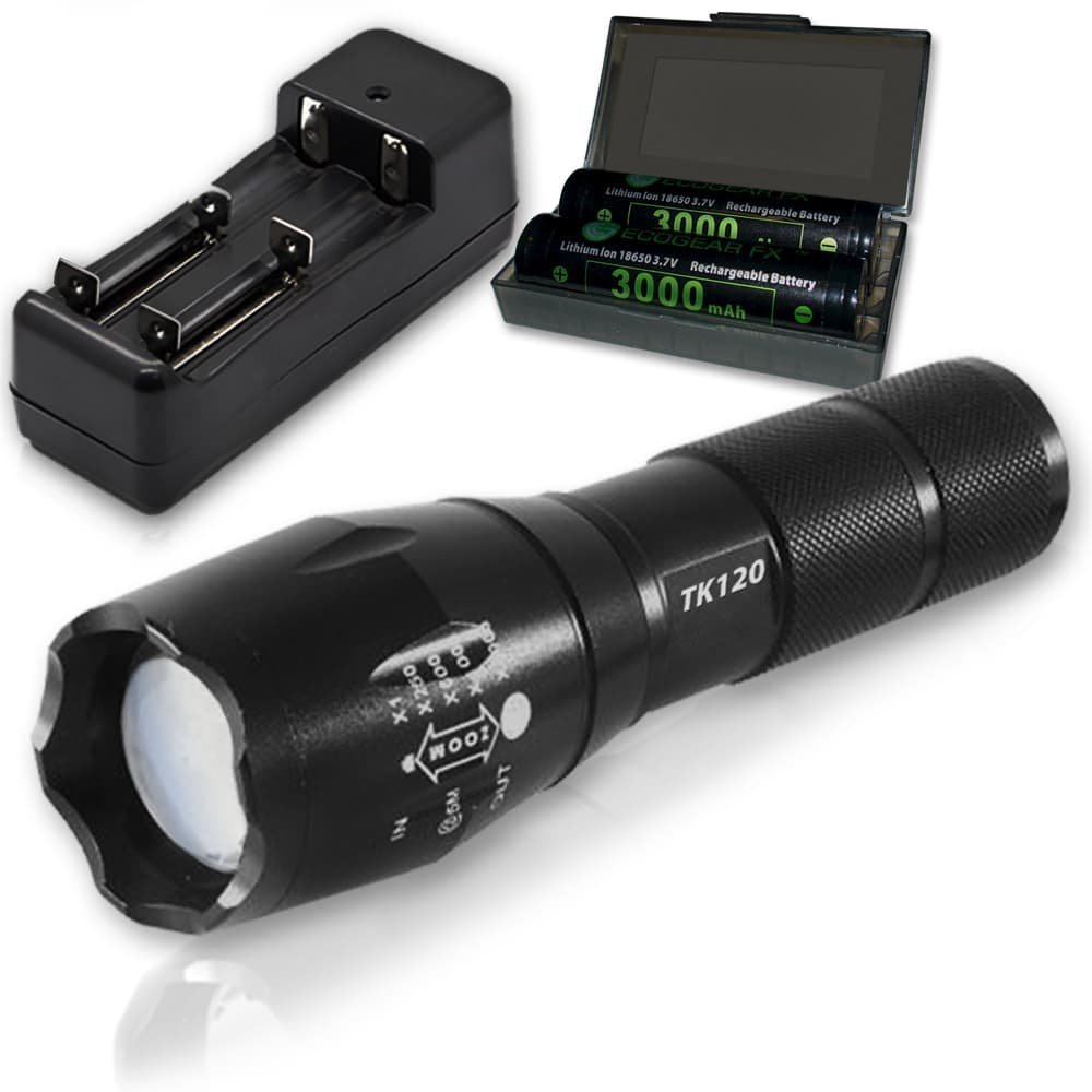 TK120 Professional LED Flashlight Kit – 900 Lumen Rechargeable Tactical Flashlight with Zoom Focus, Batteries & Charger
