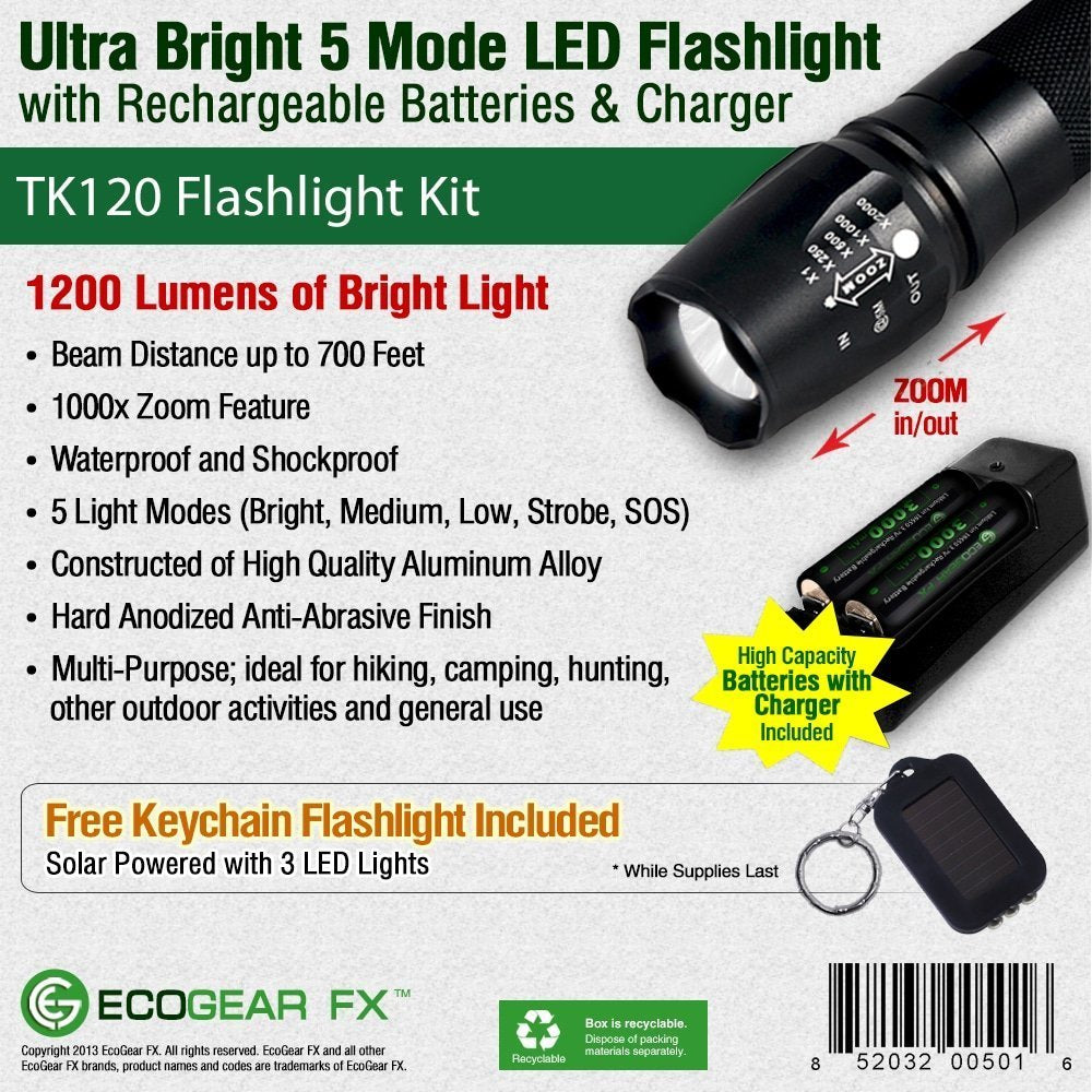 TK120 Professional LED Flashlight Kit – 900 Lumen Rechargeable Tactical Flashlight with Zoom Focus, Batteries & Charger