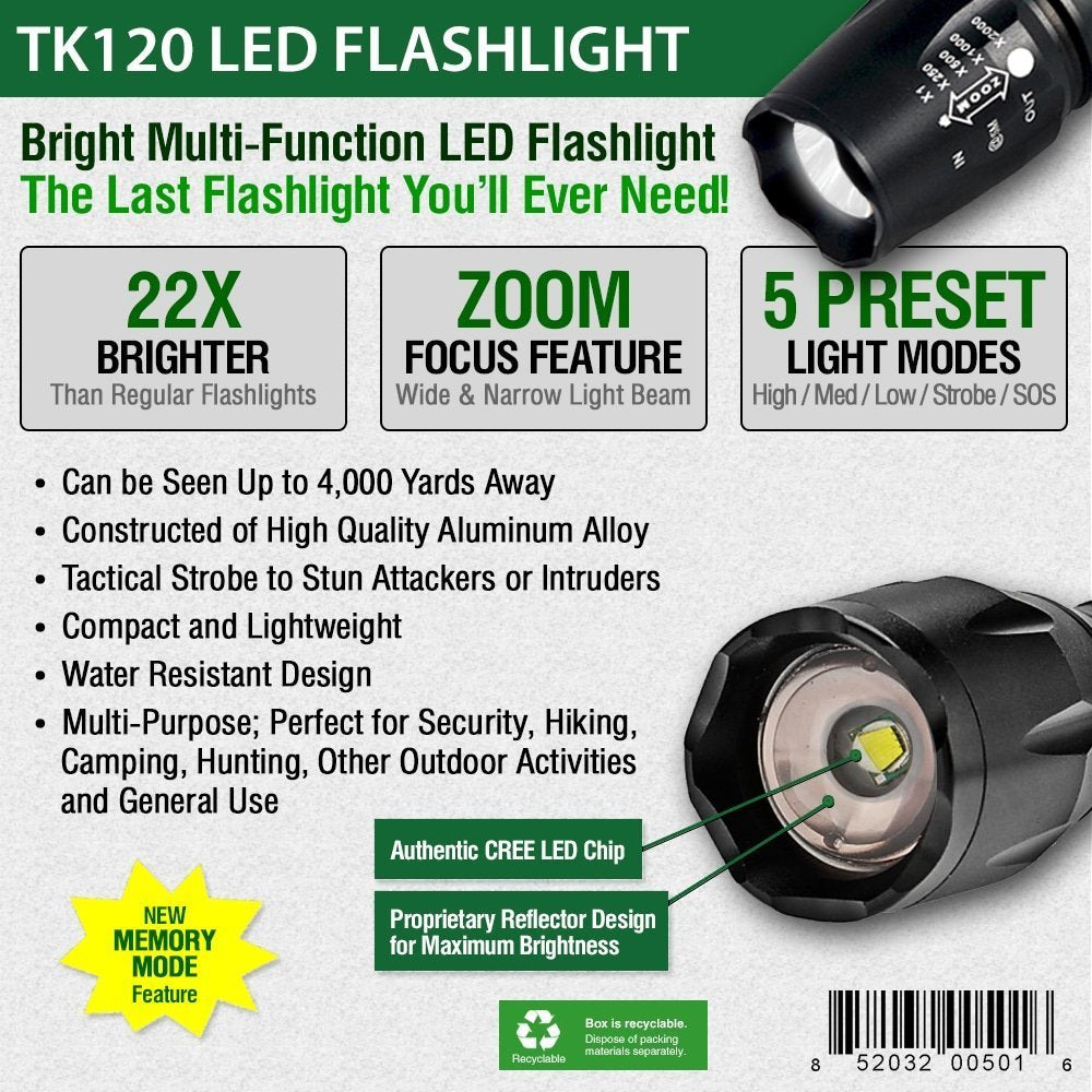 TK120 Professional LED Flashlight Kit – 900 Lumen Rechargeable Tactical Flashlight with Zoom Focus, Batteries & Charger