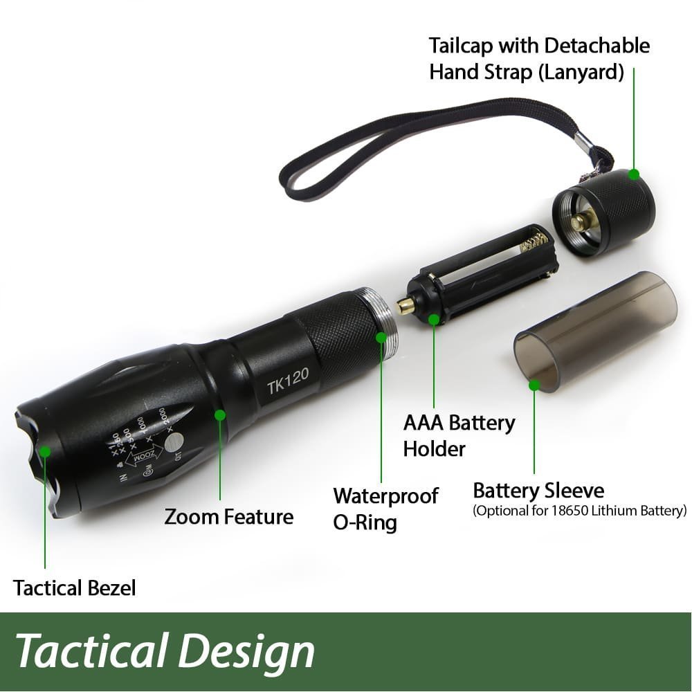 TK120 LED Tactical Flashlight with Strobe – Single Pack 900 Lumen Zoom LED Flashlight