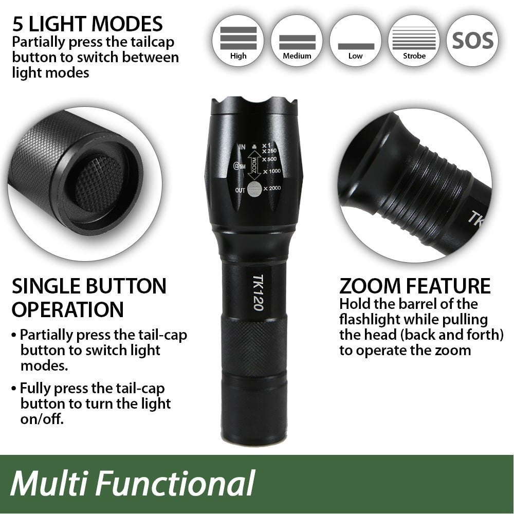 TK120 LED Tactical Flashlights with Strobe – 2 Pack 900 Lumen Zoom LED Flashlight Set