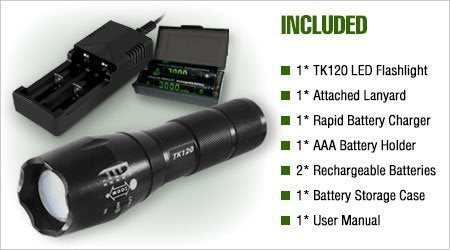 TK120 Professional LED Flashlight Kit – 900 Lumen Rechargeable Tactical Flashlight with Zoom Focus, Batteries & Charger