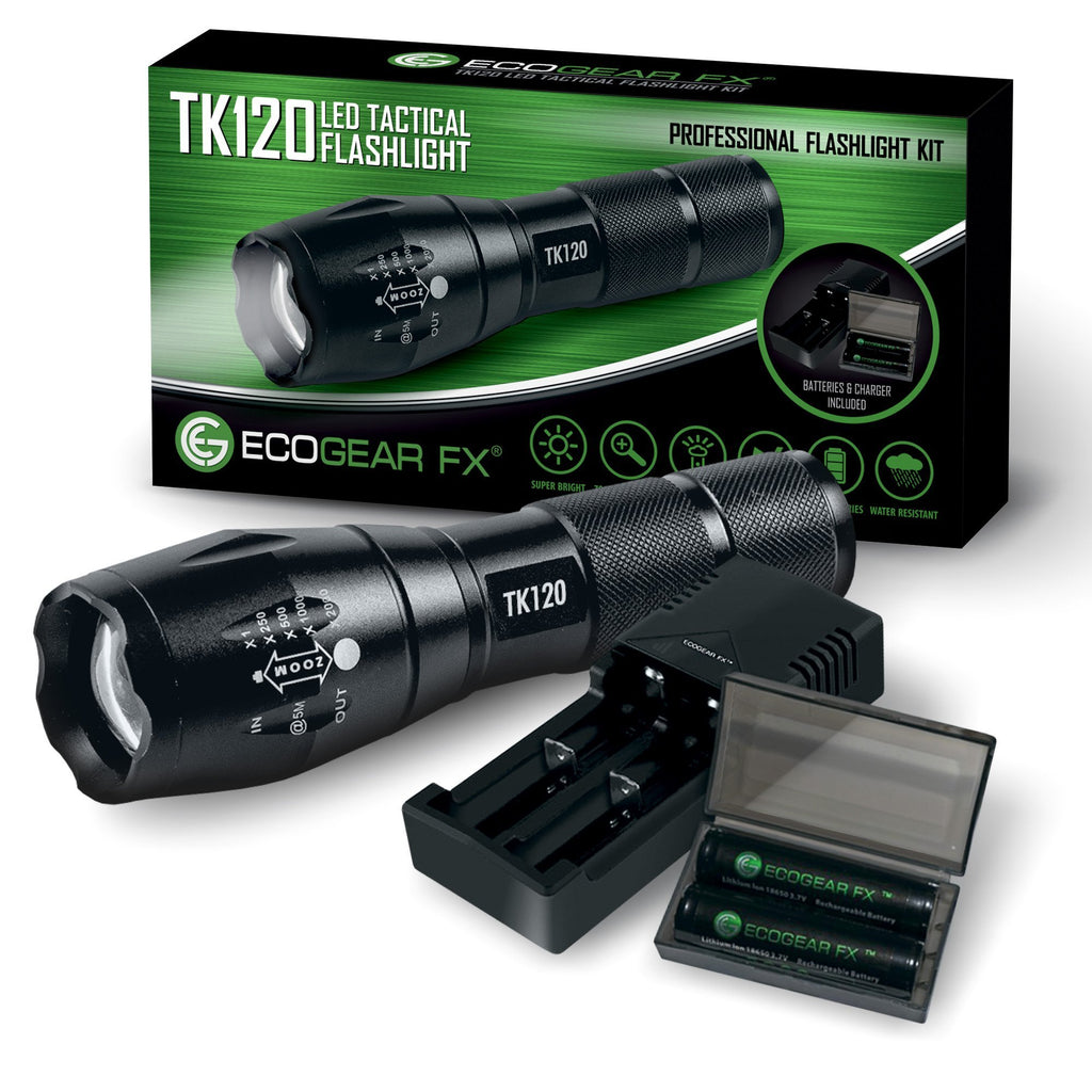 TK120 Professional LED Flashlight Kit – 900 Lumen Rechargeable Tactical Flashlight with Zoom Focus, Batteries & Charger