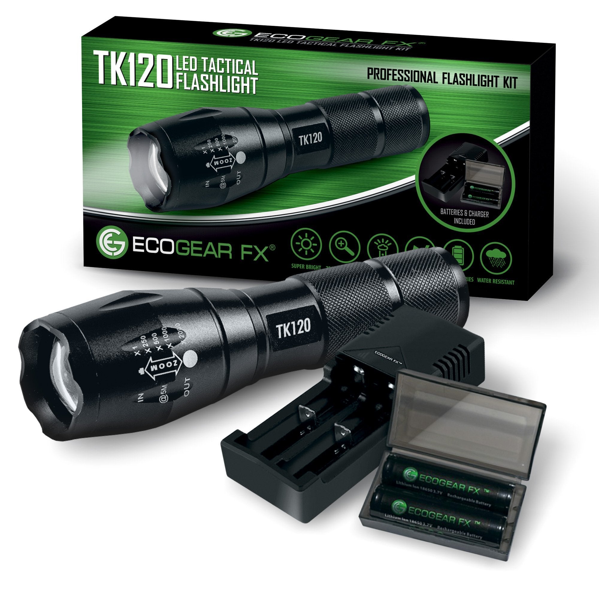 TK120 Professional LED Flashlight Kit – 900 Lumen Rechargeable Tactical Flashlight with Zoom Focus, Batteries & Charger