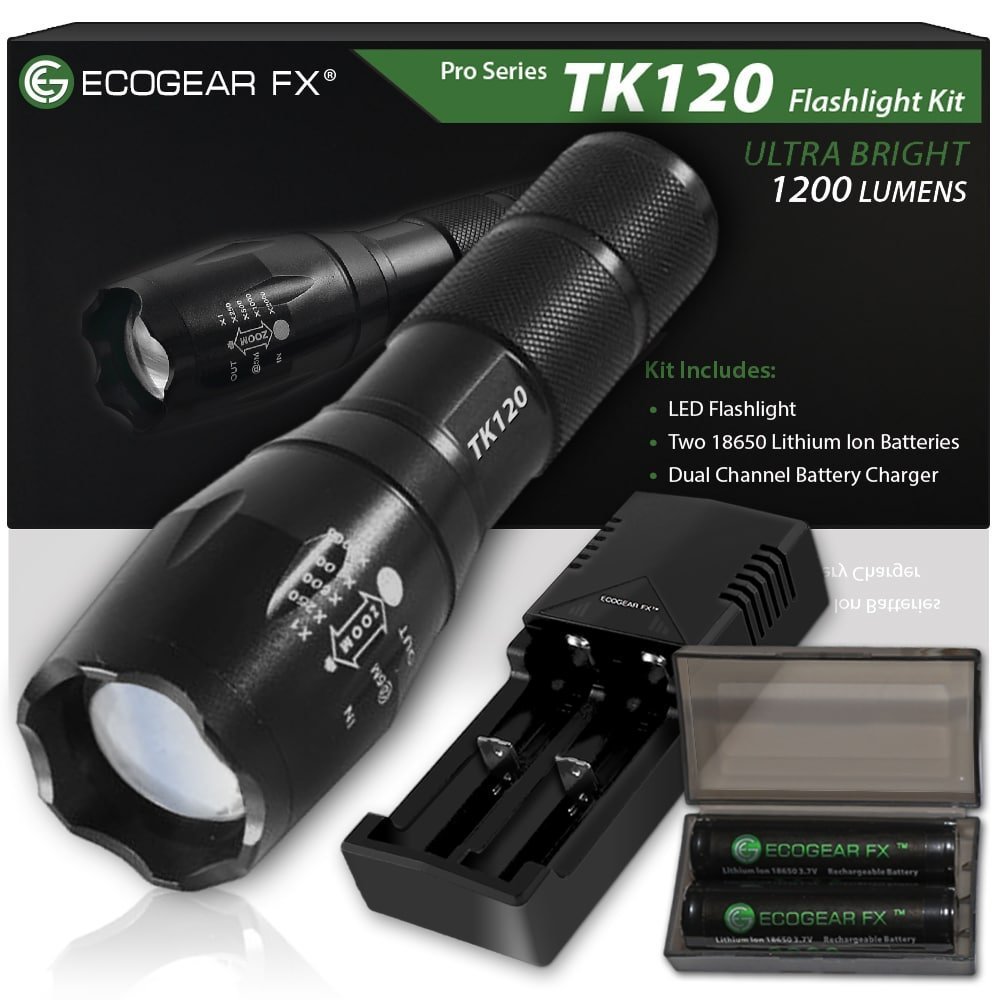TK120 Professional LED Flashlight Kit – 900 Lumen Rechargeable Tactical Flashlight with Zoom Focus, Batteries & Charger
