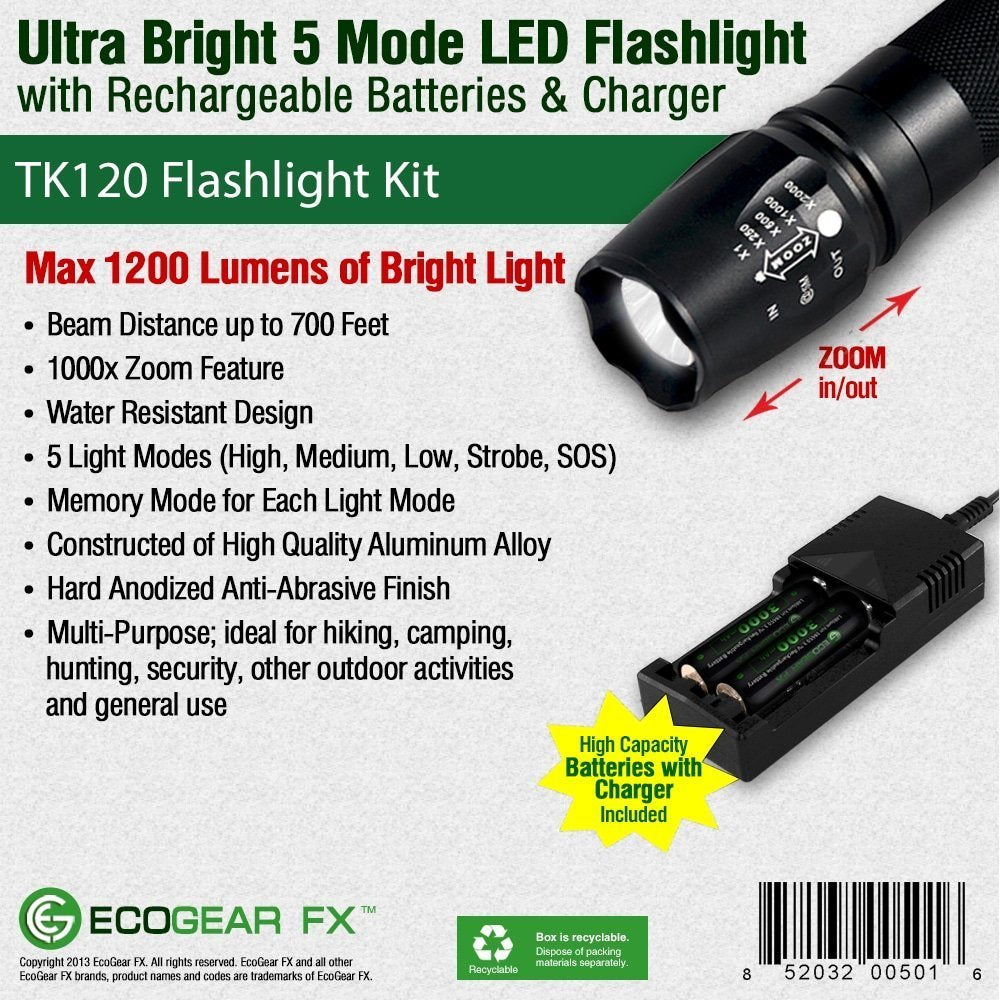 TK120 Professional LED Flashlight Kit – 900 Lumen Rechargeable Tactical Flashlight with Zoom Focus, Batteries & Charger