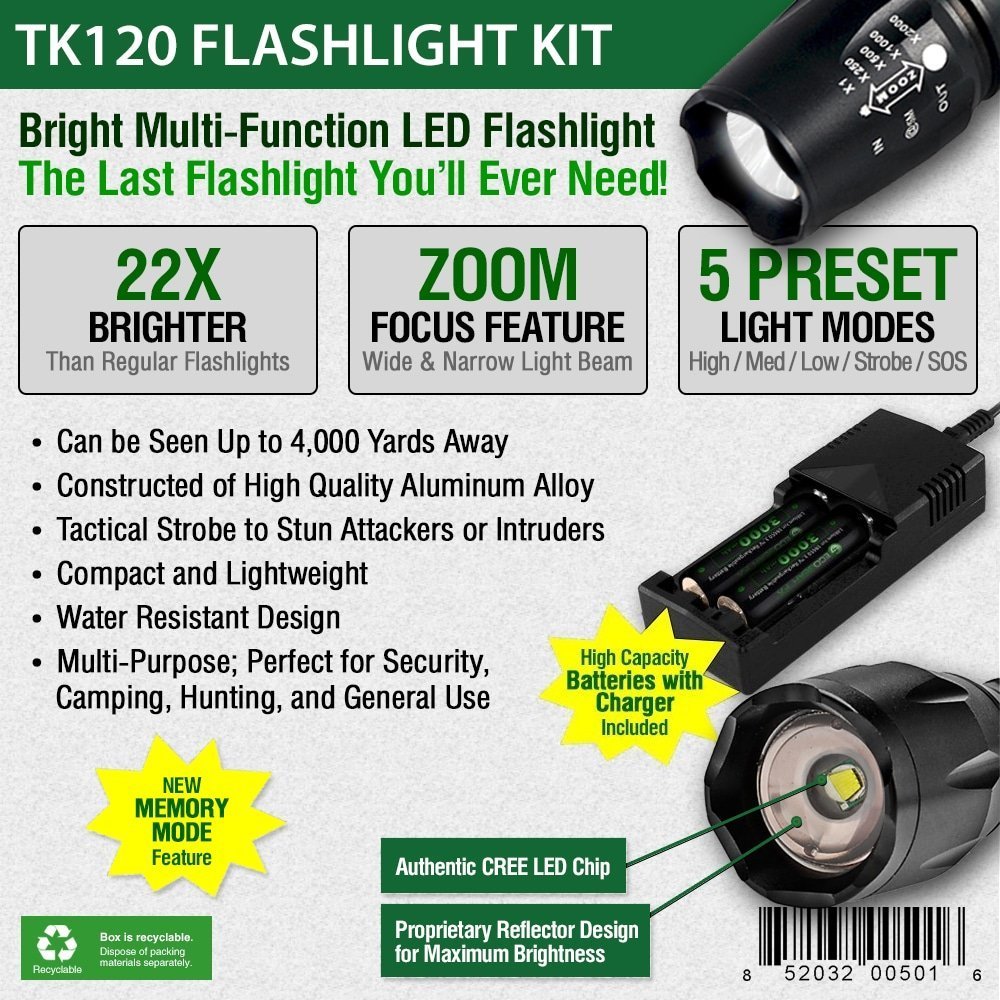 TK120 Professional LED Flashlight Kit – 900 Lumen Rechargeable Tactical Flashlight with Zoom Focus, Batteries & Charger