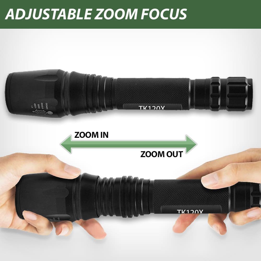 TK120X LED Tactical Flashlight Kit with Holster – 900 Lumen Rechargeable Zoom Flashlight with 5 Modes