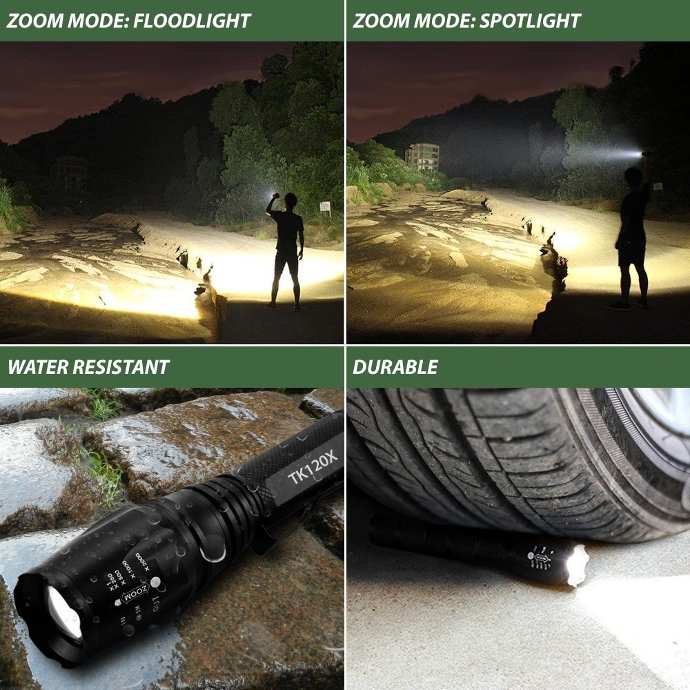 TK120X LED Tactical Flashlight Kit with Holster – 900 Lumen Rechargeable Zoom Flashlight with 5 Modes