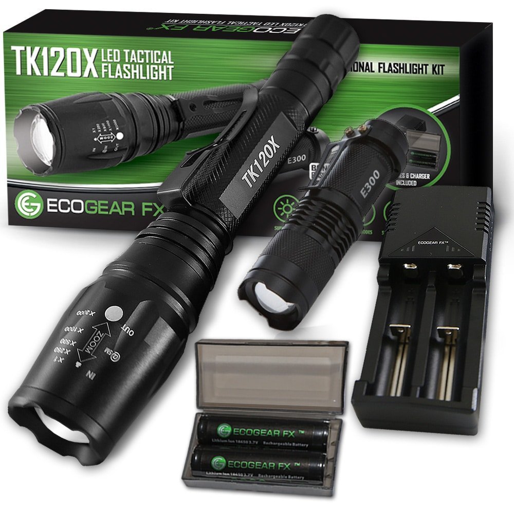 TK120X LED Tactical Flashlight Kit with Holster – 900 Lumen Rechargeable Zoom Flashlight with 5 Modes