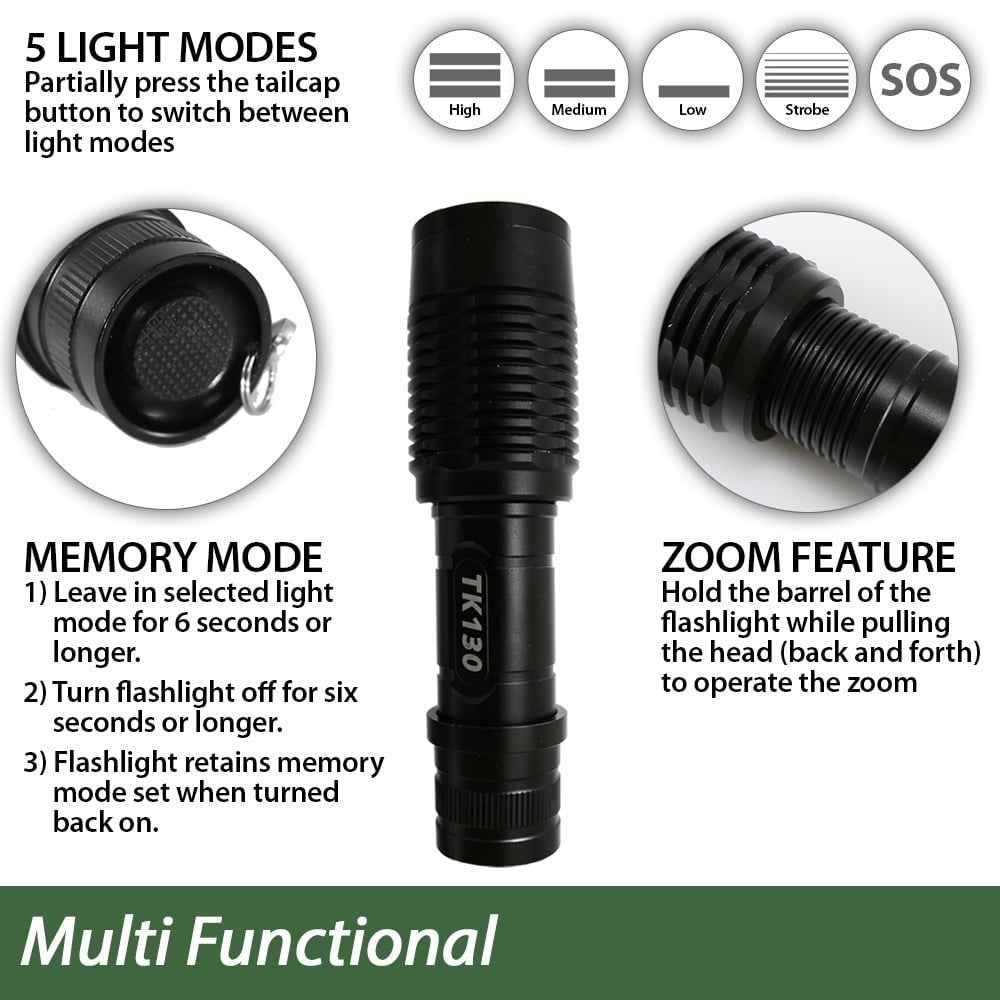 TK130 LED Flashlight Kit – 900 Lumen Rechargeable Camping & Tactical Flashlight with Zoom Focus