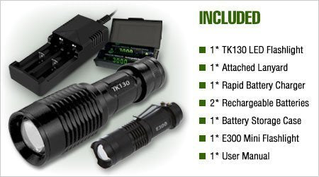 TK130 LED Flashlight Kit – 900 Lumen Rechargeable Camping & Tactical Flashlight with Zoom Focus