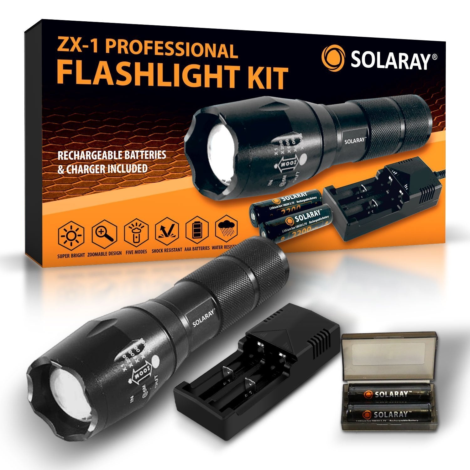 ZX-1 Professional LED Flashlight Kit – 900 Lumen Rechargeable Tactical Flashlight with Zoom Focus & Battery Charger