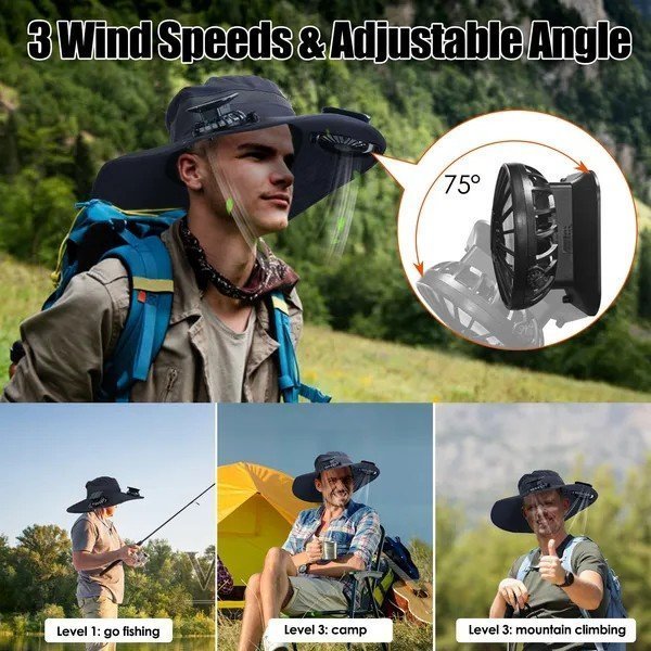 Outdoor Wide Brim Sun Hat with 2 Solar Rechargeable Fans – UPF50+, 3 Speeds, Breathable Waterproof Mesh for Hiking & Camping