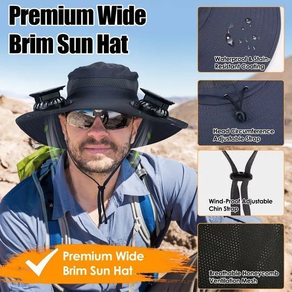 Outdoor Wide Brim Sun Hat with 2 Solar Rechargeable Fans – UPF50+, 3 Speeds, Breathable Waterproof Mesh for Hiking & Camping