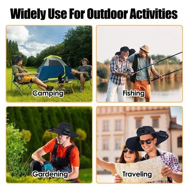 Outdoor Wide Brim Sun Hat with 2 Solar Rechargeable Fans – UPF50+, 3 Speeds, Breathable Waterproof Mesh for Hiking & Camping