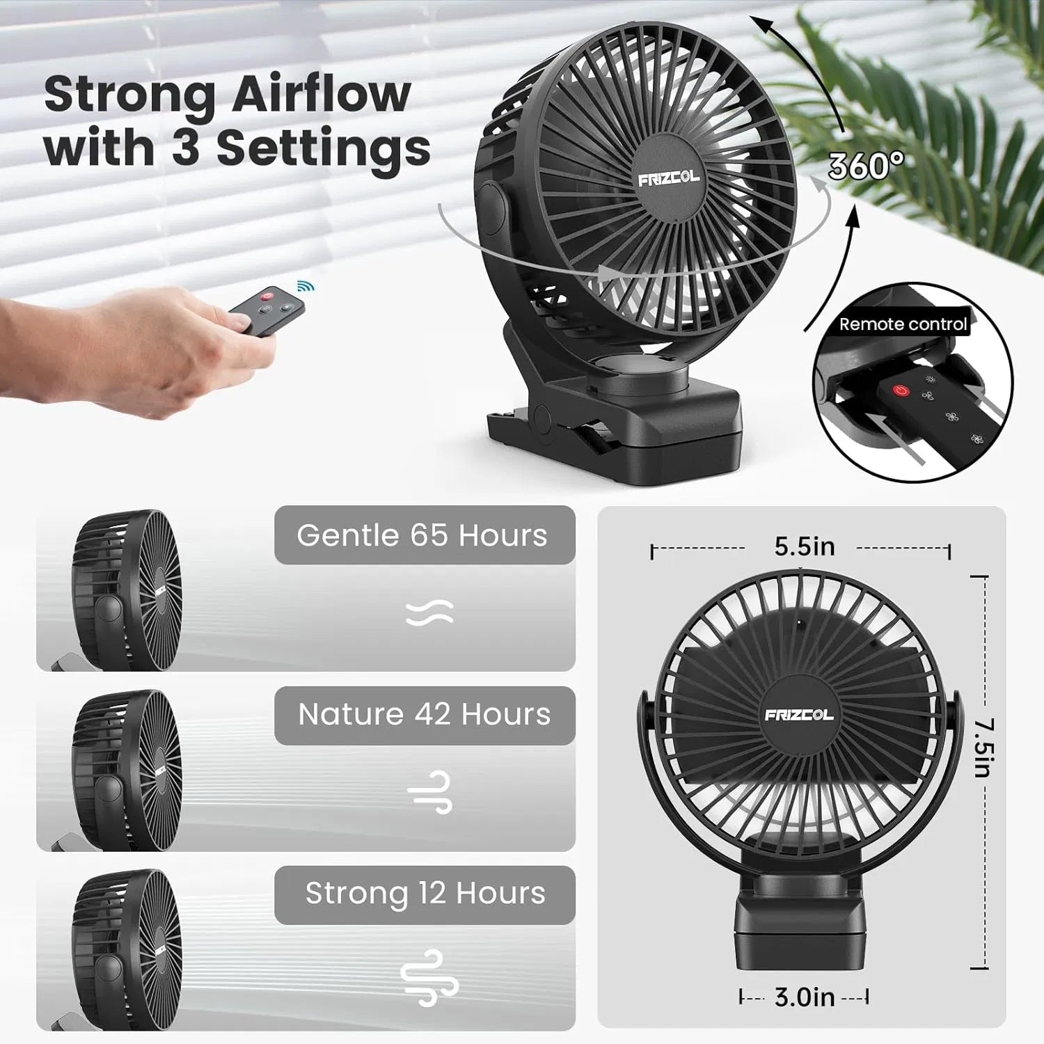 FRIZCOL 12000mAh Rechargeable Camping Fan with Remote & LED Light