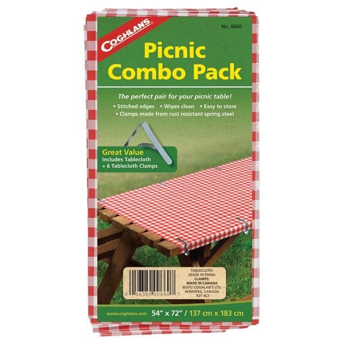 Coghlan’s Picnic Combo Pack – Red & White Checkered Vinyl Tablecloth (54″ × 72″) with 6 Stainless Steel Clamps