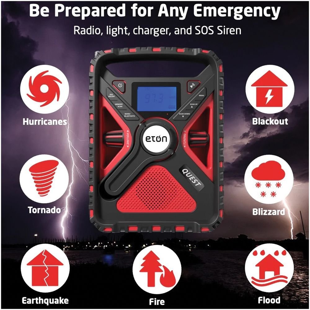 Eton Quest Hand Crank NOAA Weather Radio – All-Band Emergency Radio with Solar, Bluetooth & Phone Charging