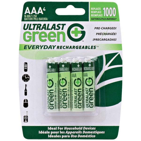 Ultralast ULGED4AAA Green Everyday Rechargeable AAA NiMH Batteries – 1.2V 750mAh Precharged (4 Pack)