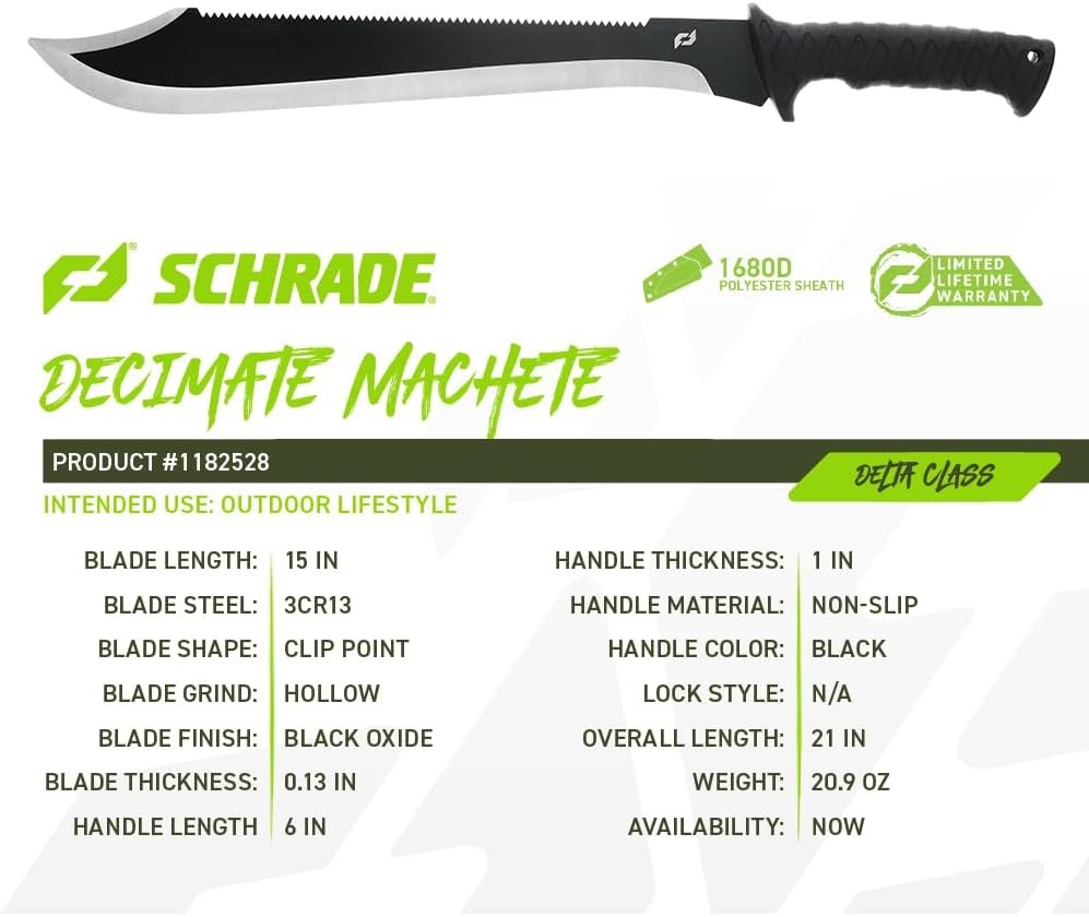Schrade Decimate Machete – 14.9” 3Cr13 Steel Blade with Rubberized Overmold Handle