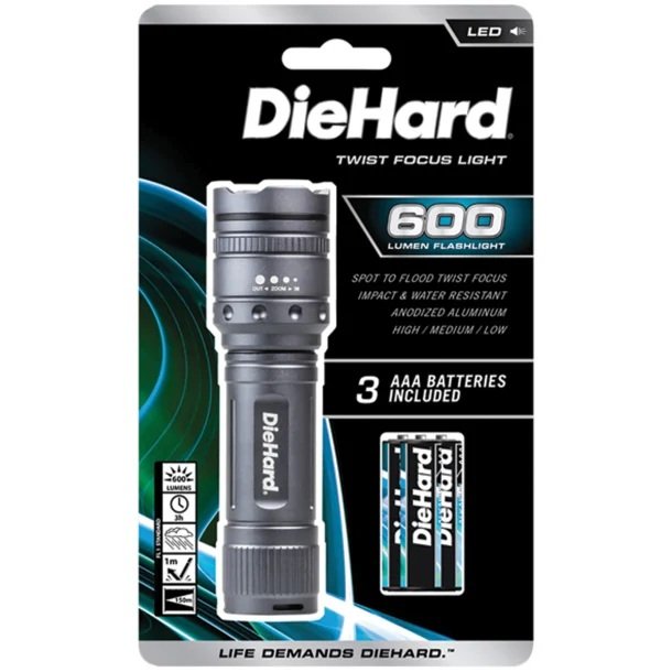 DieHard 41-6121 600-Lumen Twist Focus LED Flashlight – Water-Resistant Aluminum Flashlight with AAA Batteries Included