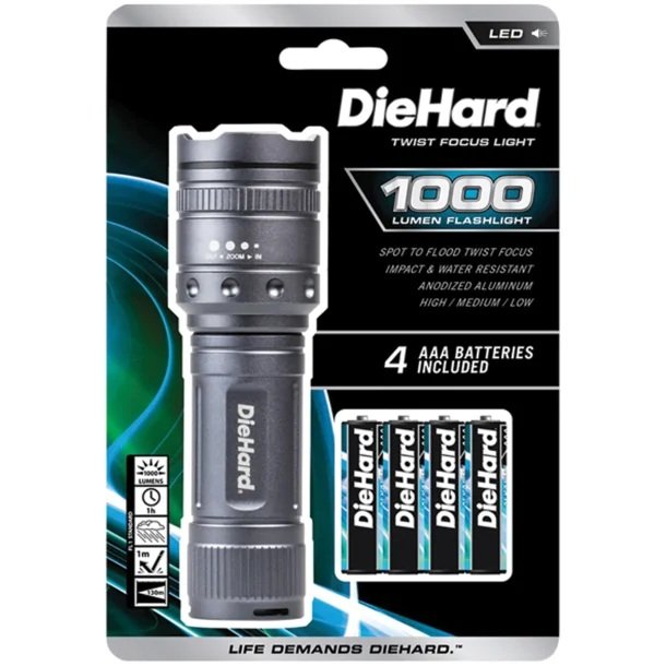 DieHard 41-6122 1,000-Lumen Twist Focus LED Flashlight – Heavy-Duty Aluminum Flashlight with AAA Batteries Included