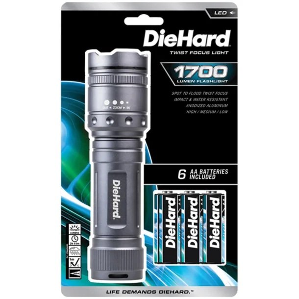 DieHard 41-6123 1,700-Lumen Twist Focus LED Flashlight – Heavy-Duty Aluminum Flashlight with AA Batteries Included