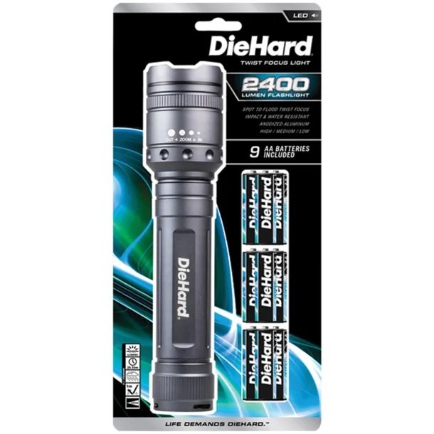 DieHard 41-6124 2,400-Lumen Twist Focus LED Flashlight – Heavy-Duty Aluminum Flashlight with AA Batteries Included