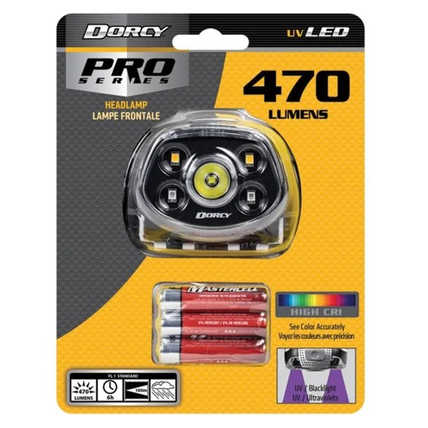 Dorcy 41-4320 Pro Series 470-Lumen LED High CRI & UV Tilting Headlamp – Multi-Mode Hands-Free Headlight with Batteries Included