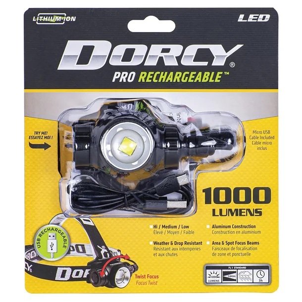 Dorcy 41-2121 Pro 1,000-Lumen Rechargeable LED Headlamp – Water-Resistant Aluminum Headlamp with Twist Focus