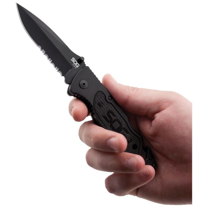 SOG Escape Folding Rescue Knife – 3.4" Partially Serrated Spear Point Blade
