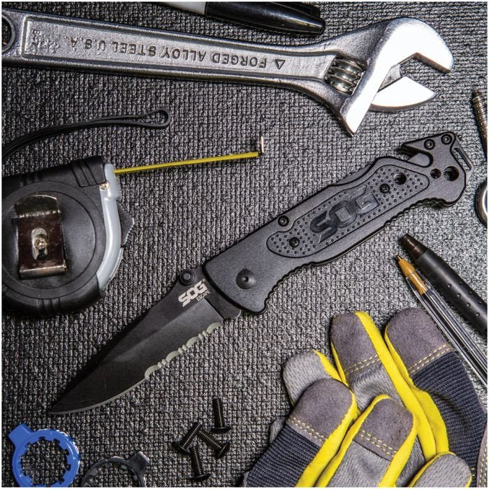 SOG Escape Folding Rescue Knife – 3.4" Partially Serrated Spear Point Blade