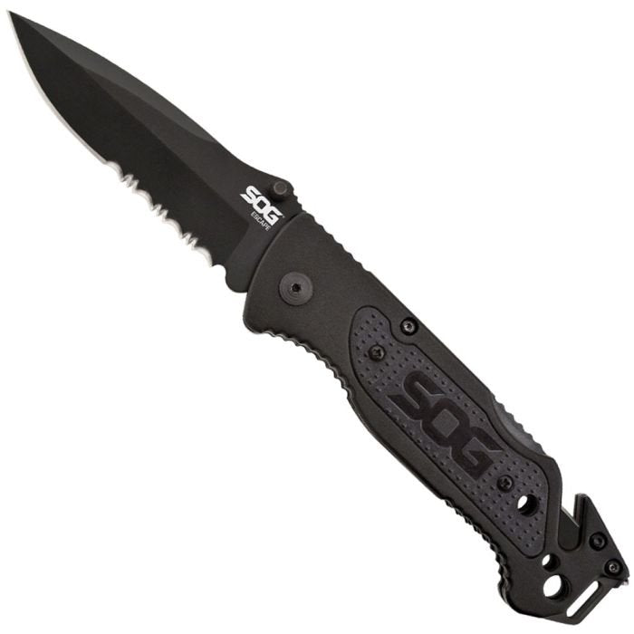 SOG Escape Folding Rescue Knife – 3.4" Partially Serrated Spear Point Blade