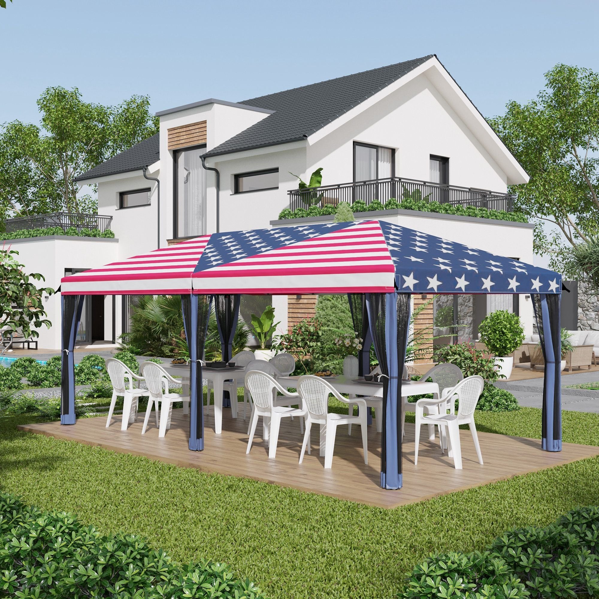 10' x 20' Pop-Up Canopy Gazebo û American Flag with Mesh Sidewalls