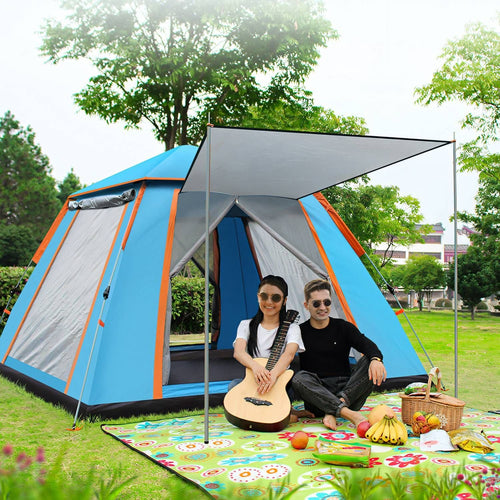 4-5 Person Waterproof Camping Tent with Mosquito Net Windows & Carry Bag, Blue