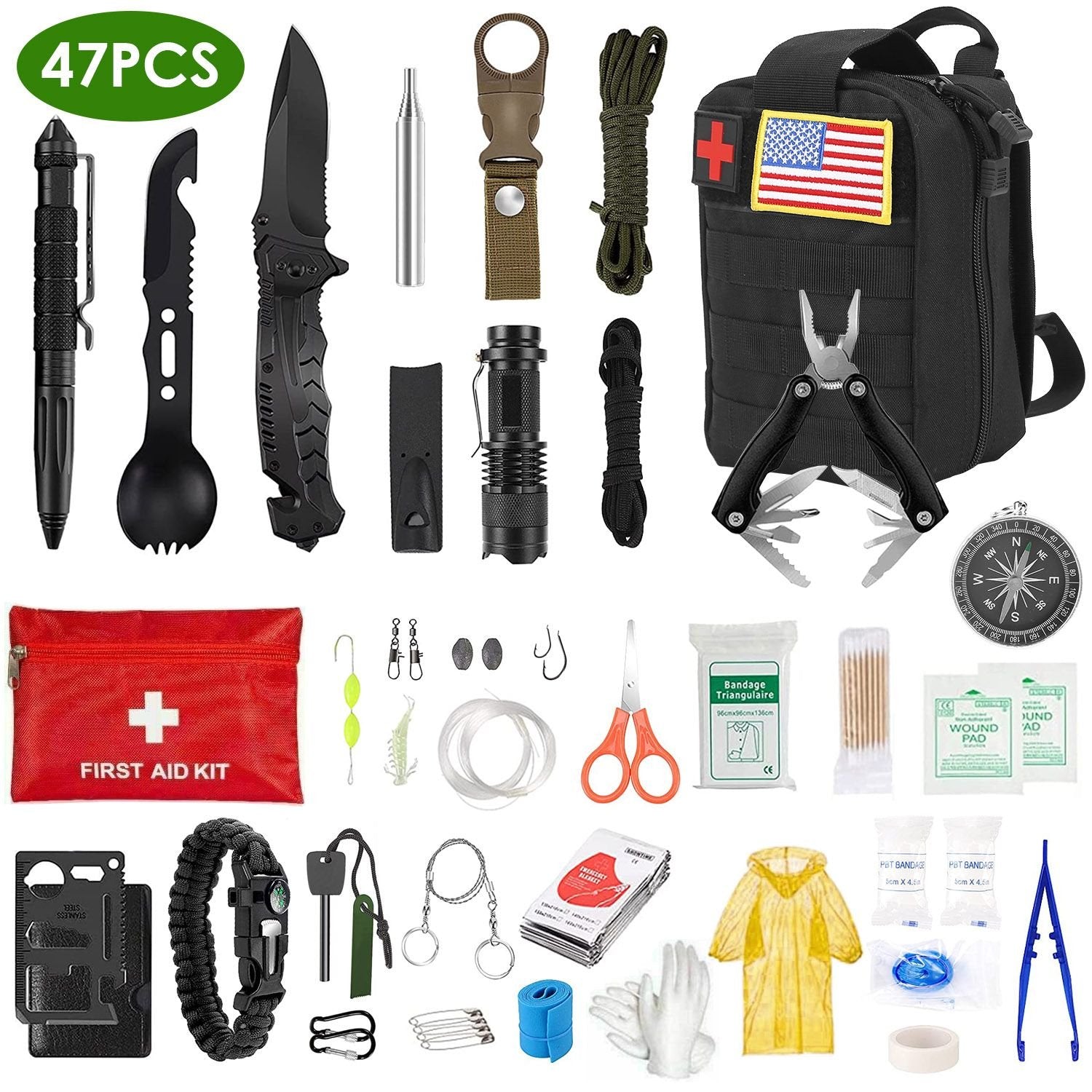 47-Pc Emergency Survival Kit – EDC Gear, First Aid & Tools with Pouch for Outdoor Adventures