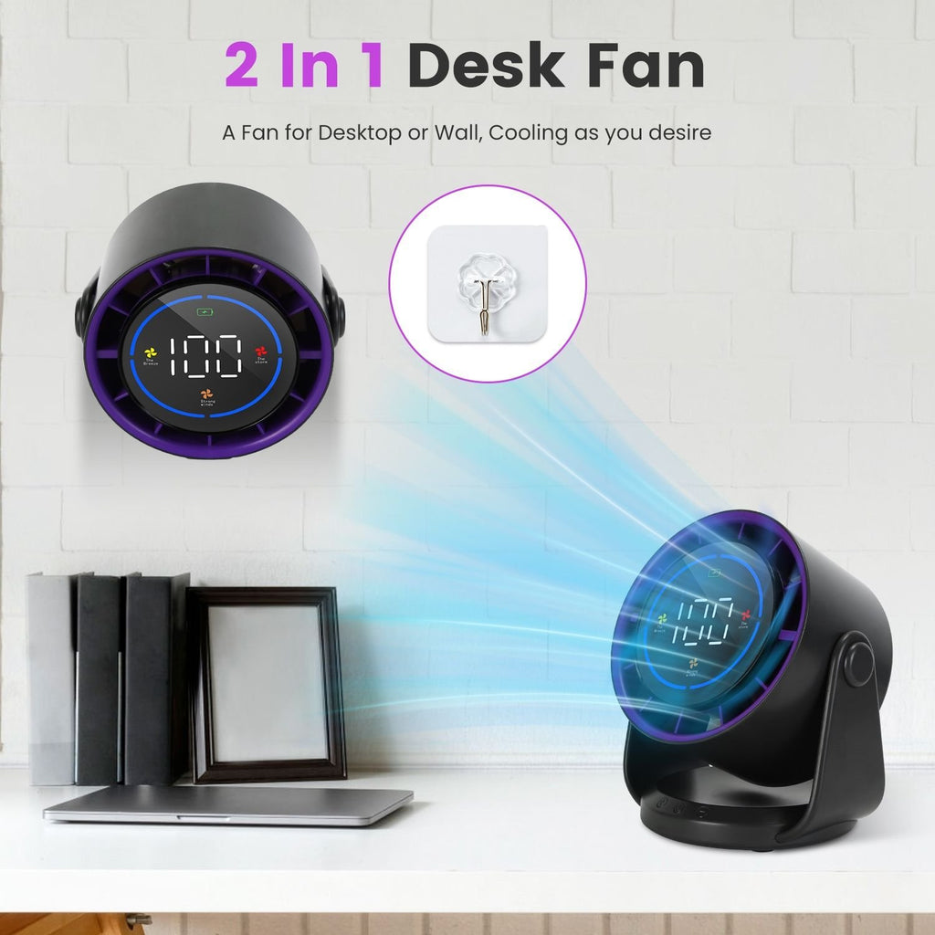 100-Speed Rechargeable Desk & Wall Fan – Mini Quiet Fan with 120° Tilt for Home, Office & Travel