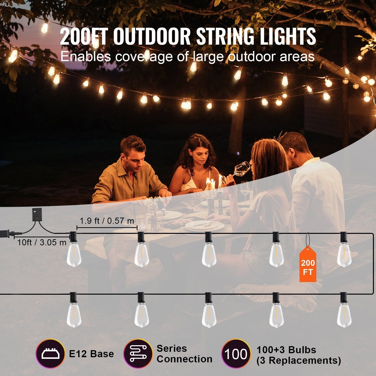 200FT Waterproof LED Outdoor String Lights – Patio, Shatterproof Bulbs