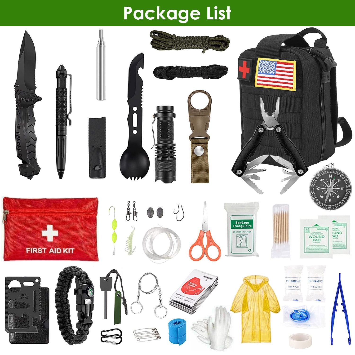 47-Pc Emergency Survival Kit – EDC Gear, First Aid & Tools with Pouch for Outdoor Adventures