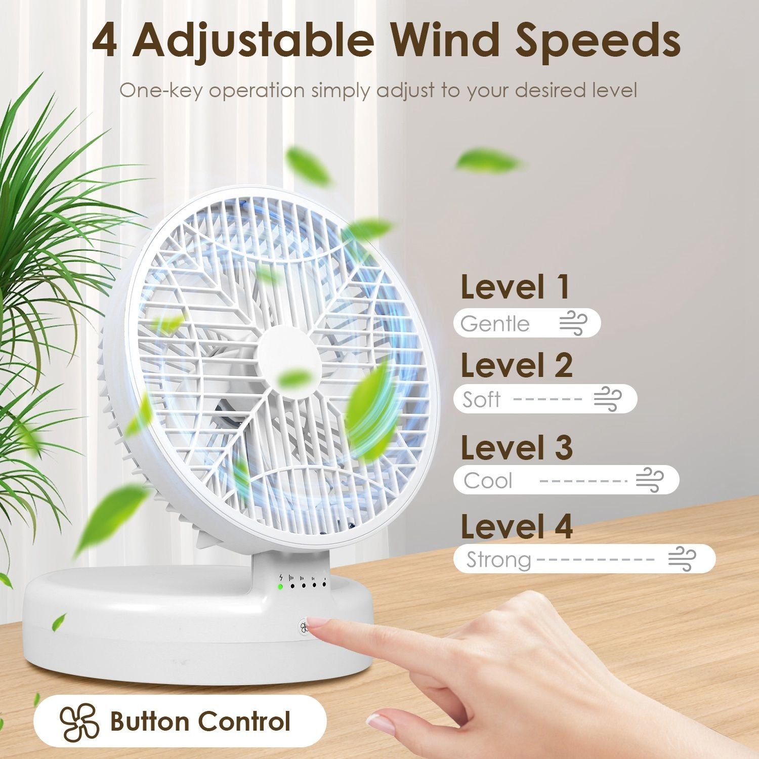 Quiet Foldable Table Fan – 90° Adjustable Tilt, 4-Speed USB Type-C Rechargeable Portable Fan with Wall Mount