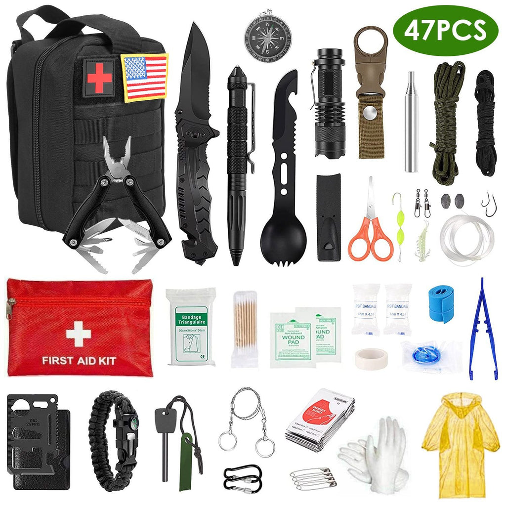 47-Pc Emergency Survival Kit – EDC Gear, First Aid & Tools with Pouch for Outdoor Adventures