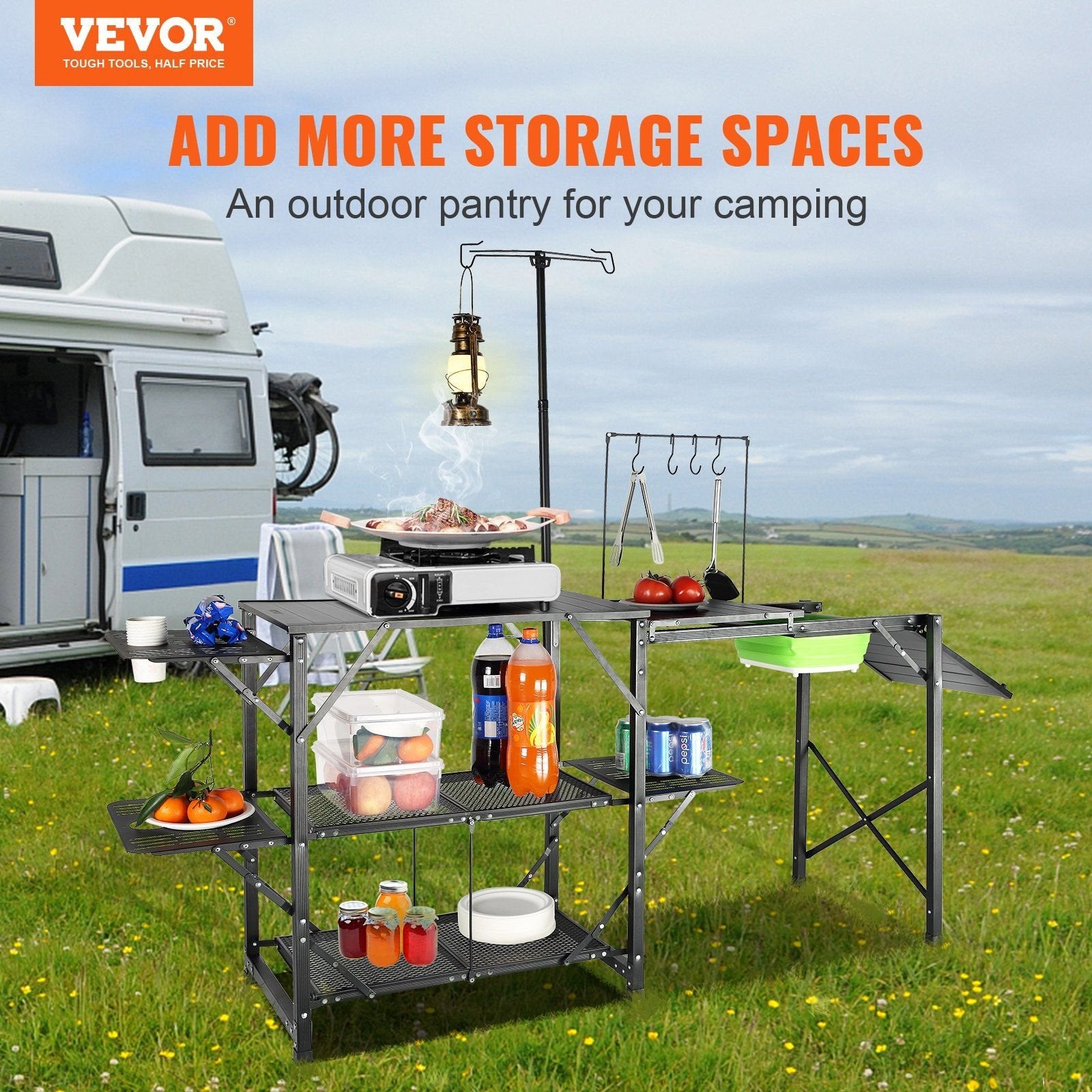 VEVOR Folding Camping Kitchen Table – Portable Cook Station with 3 Side Tables, Shelves & Detachable Sink