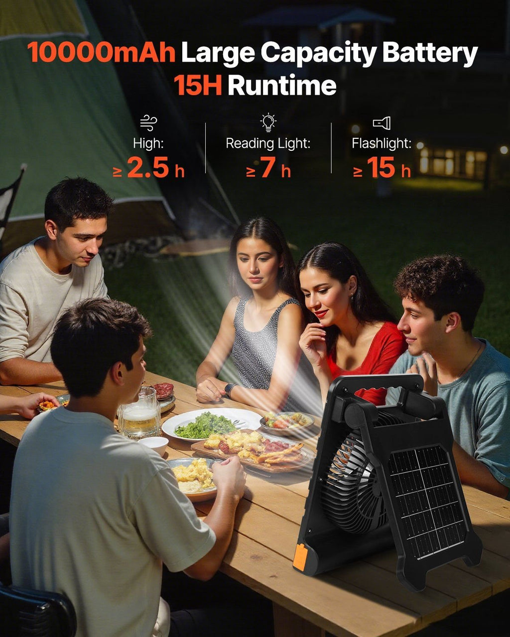 10,000mAh Solar Rechargeable Camping Fan & LED Lantern – 7" Portable Cordless Fan with Flashlight & Power Bank